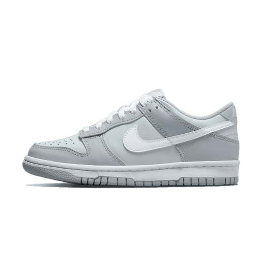 Nike Dunk Low silhouette in a two tone grey colourway, complemented by white accents.