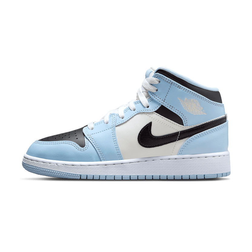 Jordan 1 Mid with a bright blue, black and white colourblocking.